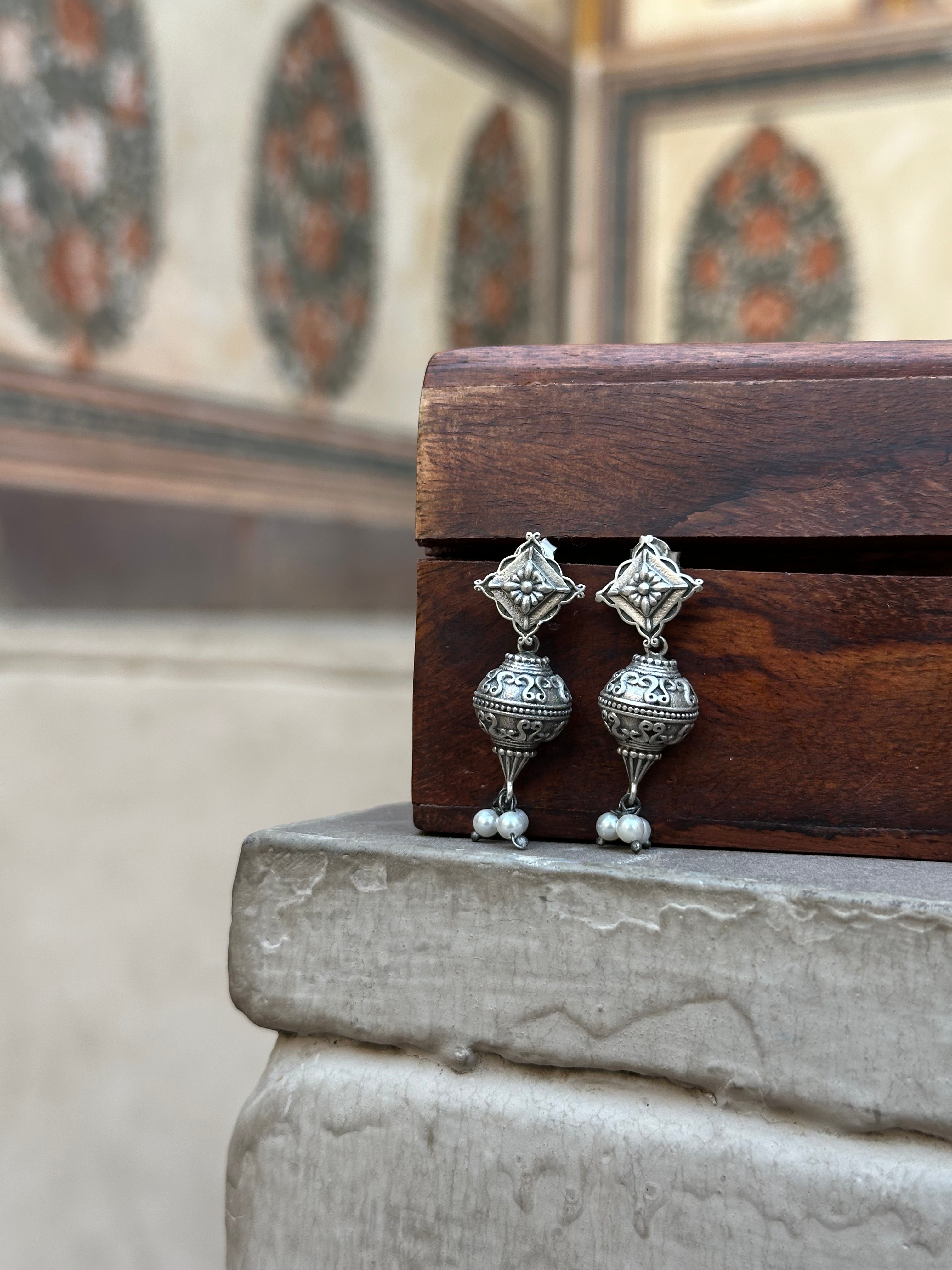 Antique  Silver Oxidised Earrings with Dome Jhumki